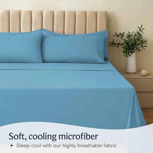 LUMQAR 6PC Queen Sheet Set – Cooling Microfiber, Deep Pocket, Denim