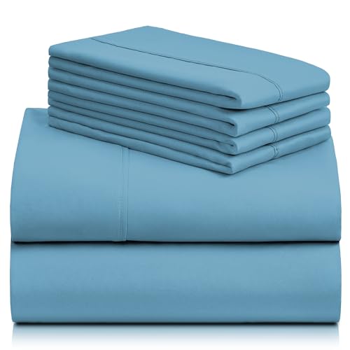 LUMQAR 6PC Queen Sheet Set – Cooling Microfiber, Deep Pocket, Denim