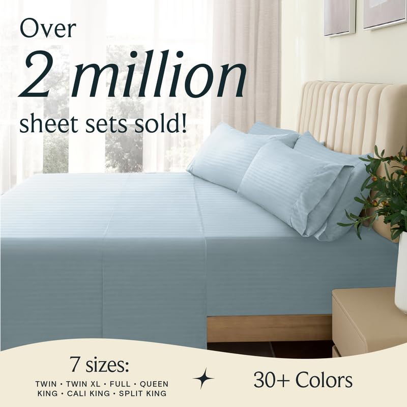 LUMQAR 6PC Queen Striped Sheet Set – 18" Deep Pocket Microfiber, Light Blue