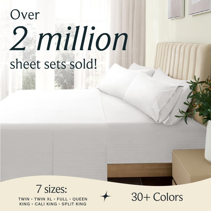 LUMQAR 6PC King Striped Sheet Set – 18" Deep Pocket Microfiber, White