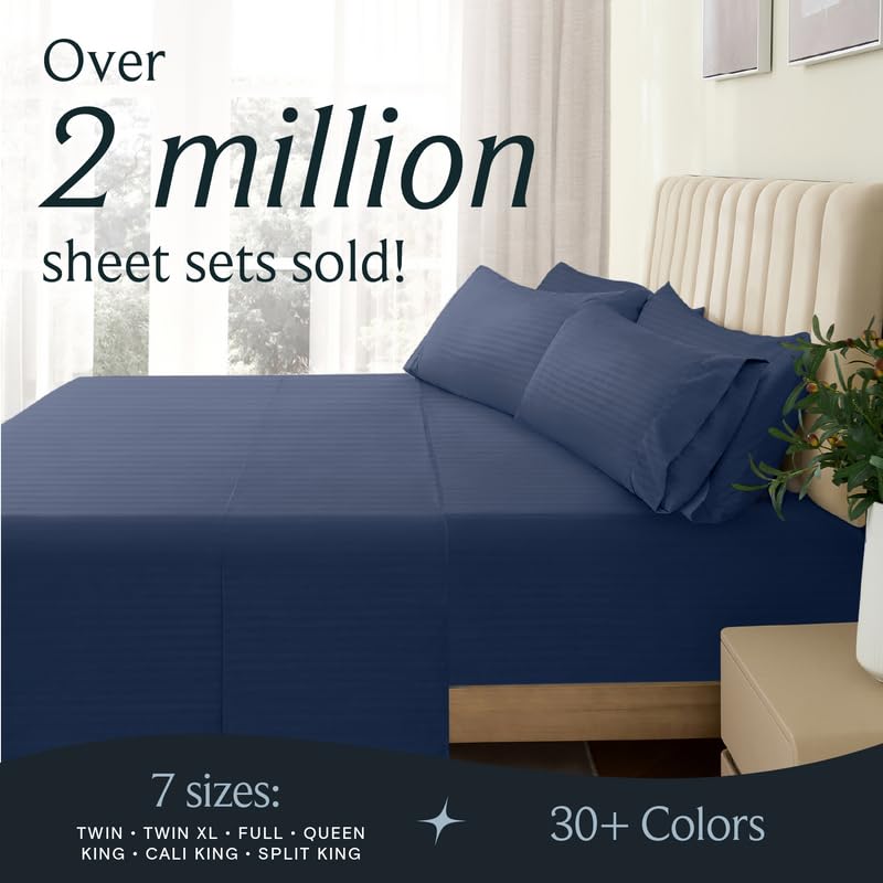 LUMQAR 6PC Queen Sheet Set – Striped Design, 18" Deep Pocket, Striped Navy