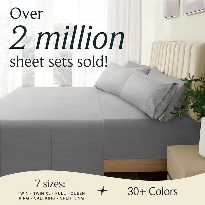 LUMQAR 6PC King Striped Sheet Set – 18" Deep Pocket Microfiber, Light Grey