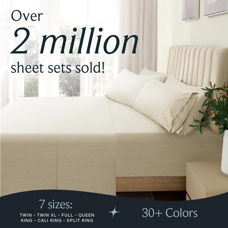 LUMQAR 6PC Queen Striped Sheet Set – 18" Deep Pocket Microfiber, Cream
