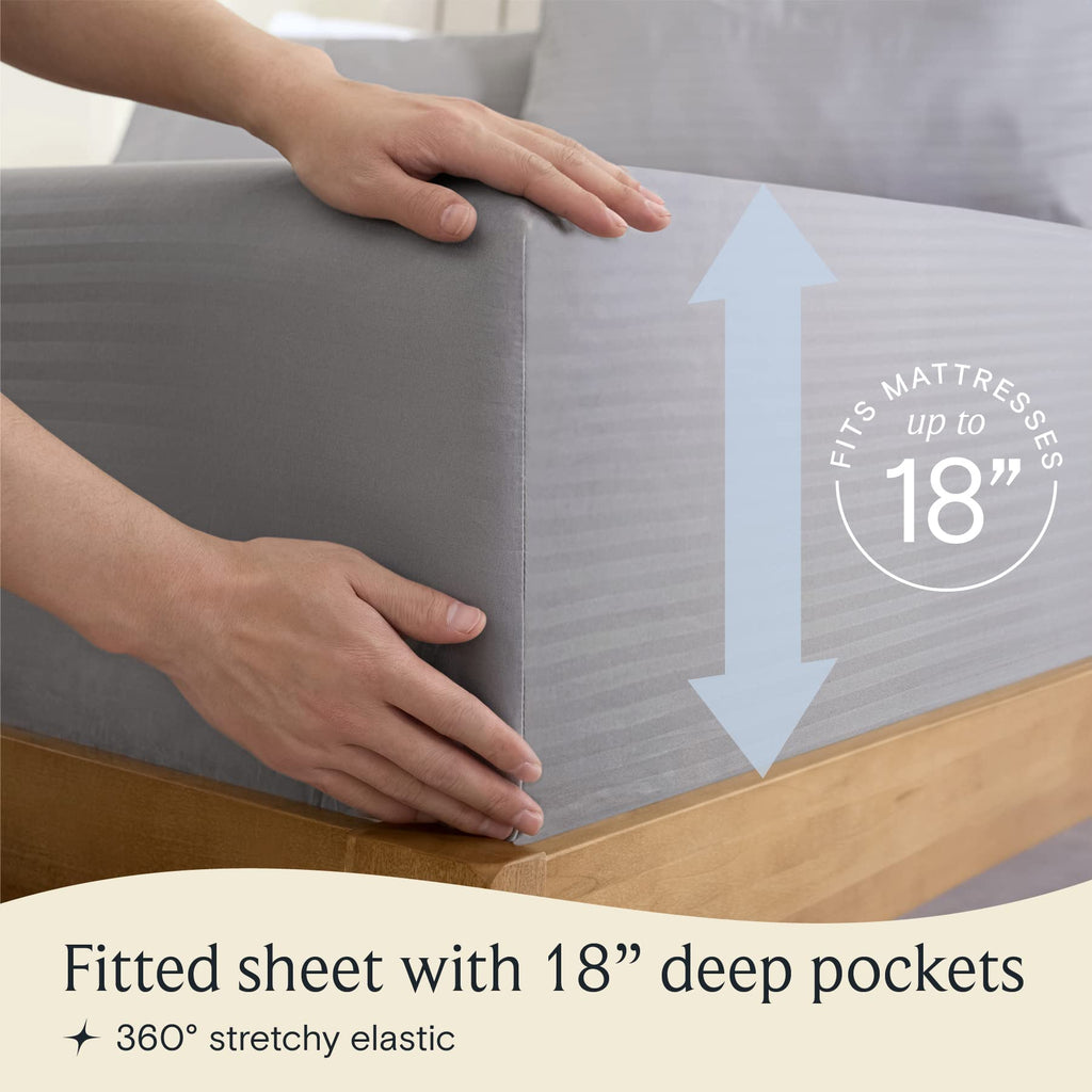 LUMQAR 6PC King Striped Sheet Set – 18" Deep Pocket Microfiber, Light Grey