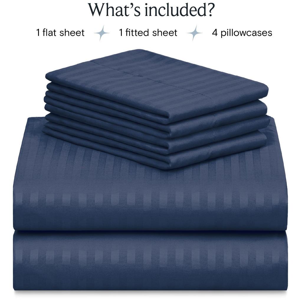 LUMQAR 6PC Queen Sheet Set – Striped Design, 18" Deep Pocket, Striped Navy