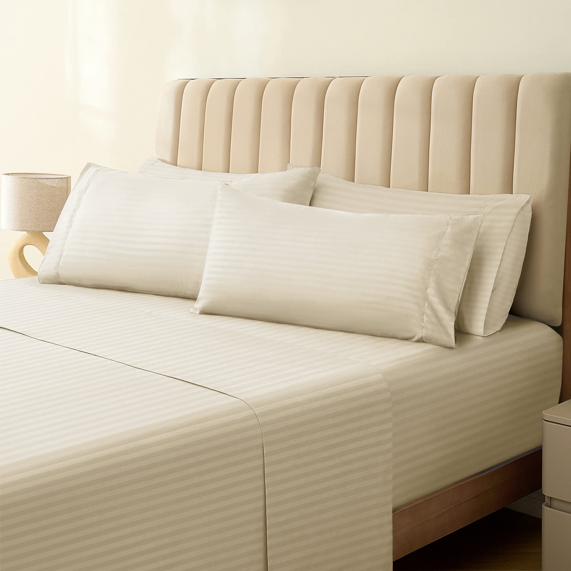 LUMQAR 6PC Queen Striped Sheet Set – 18" Deep Pocket Microfiber, Cream
