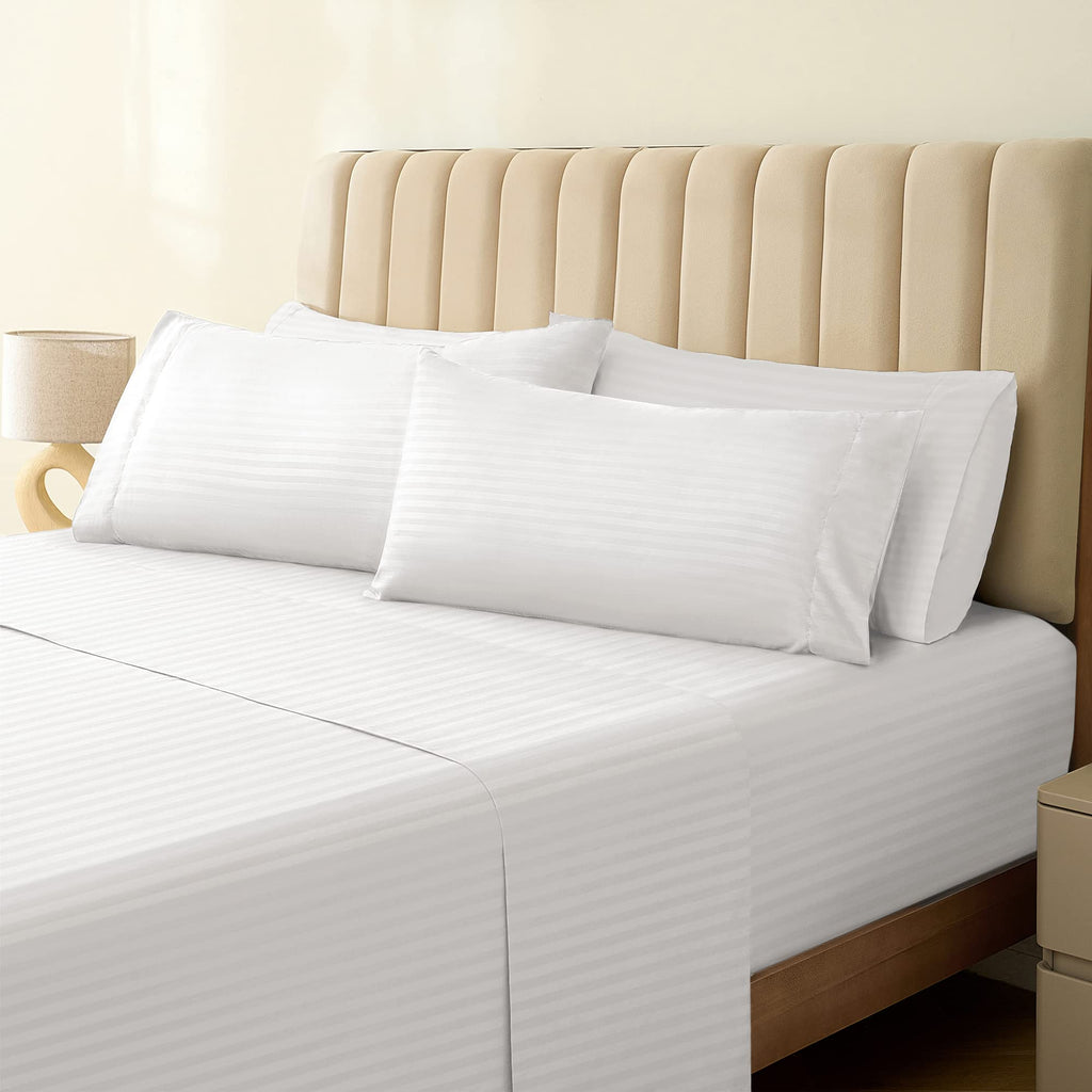 LUMQAR 6PC King Striped Sheet Set – 18" Deep Pocket Microfiber, White