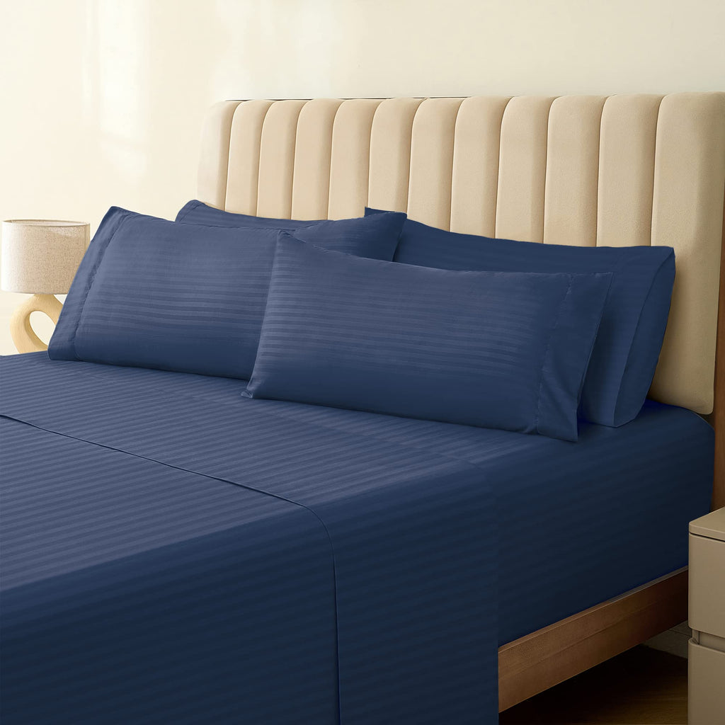 LUMQAR 6PC Queen Sheet Set – Striped Design, 18" Deep Pocket, Striped Navy