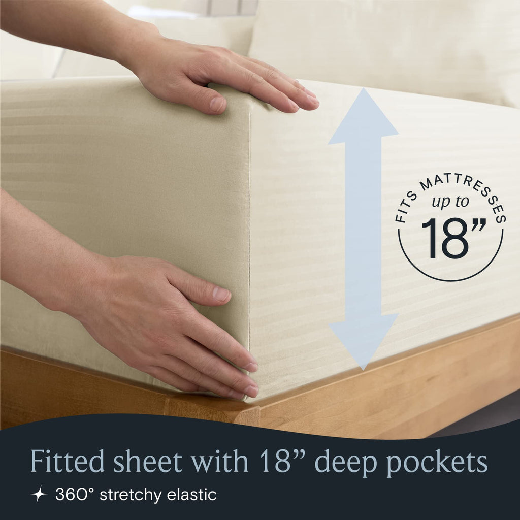 LUMQAR 6PC Queen Striped Sheet Set – 18" Deep Pocket Microfiber, Cream