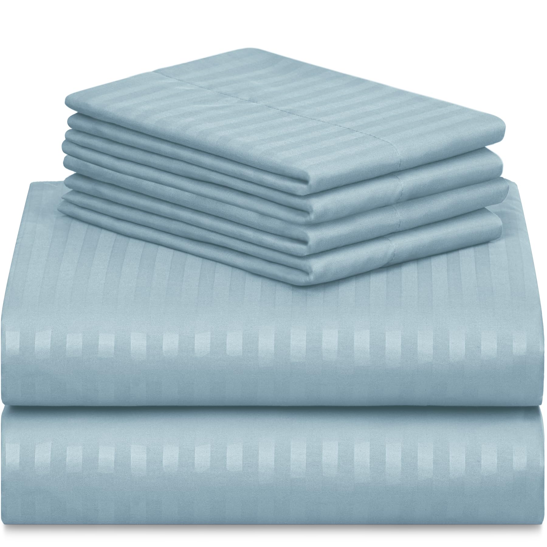 LUMQAR 6PC Queen Striped Sheet Set – 18" Deep Pocket Microfiber, Light Blue