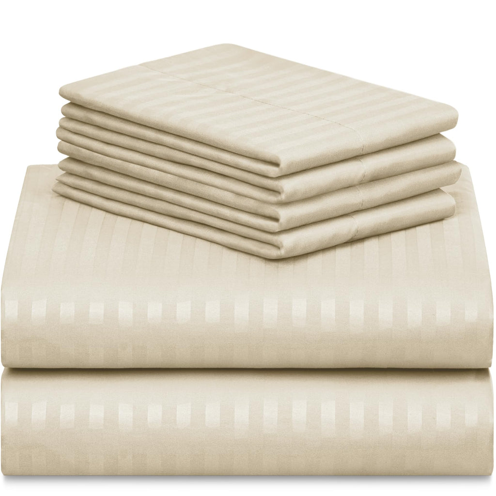 LUMQAR 6PC Queen Striped Sheet Set – 18" Deep Pocket Microfiber, Cream