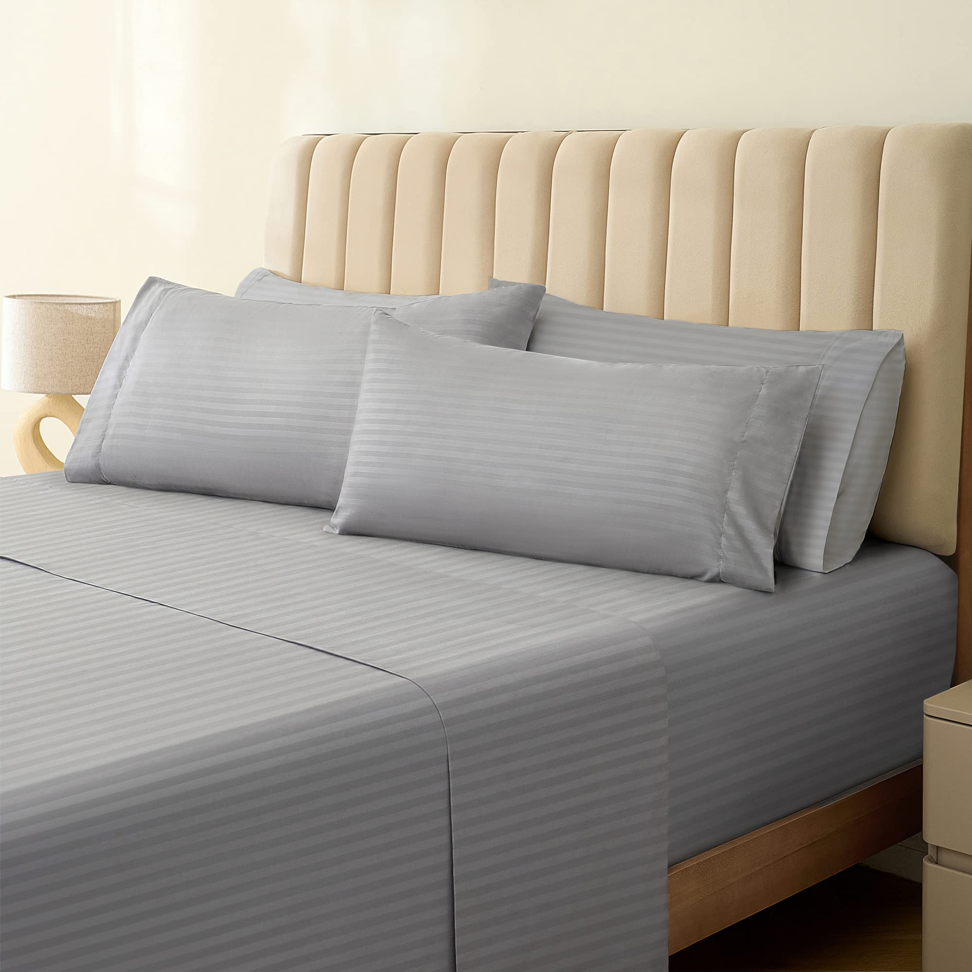 LUMQAR 6PC King Striped Sheet Set – 18" Deep Pocket Microfiber, Light Grey