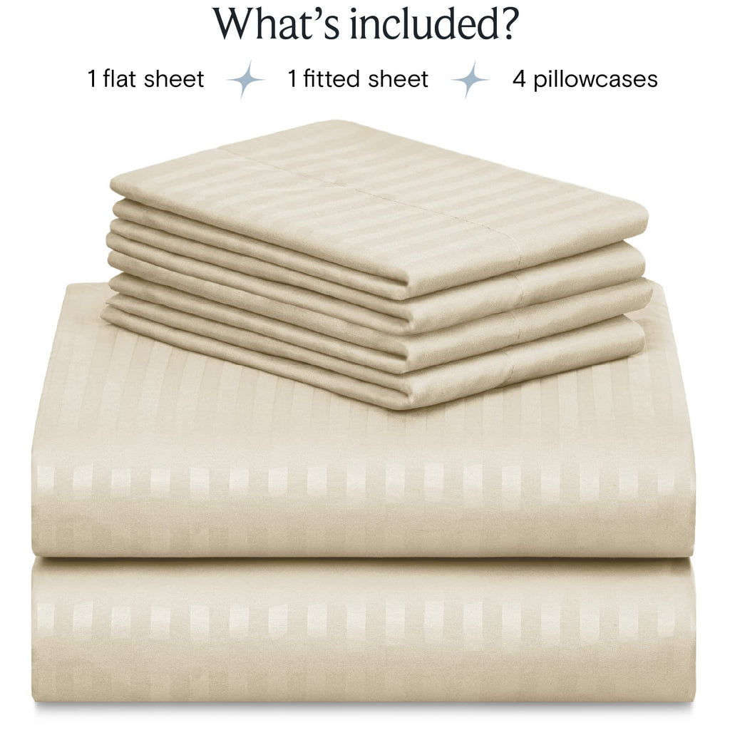 LUMQAR 6PC Queen Striped Sheet Set – 18" Deep Pocket Microfiber, Cream