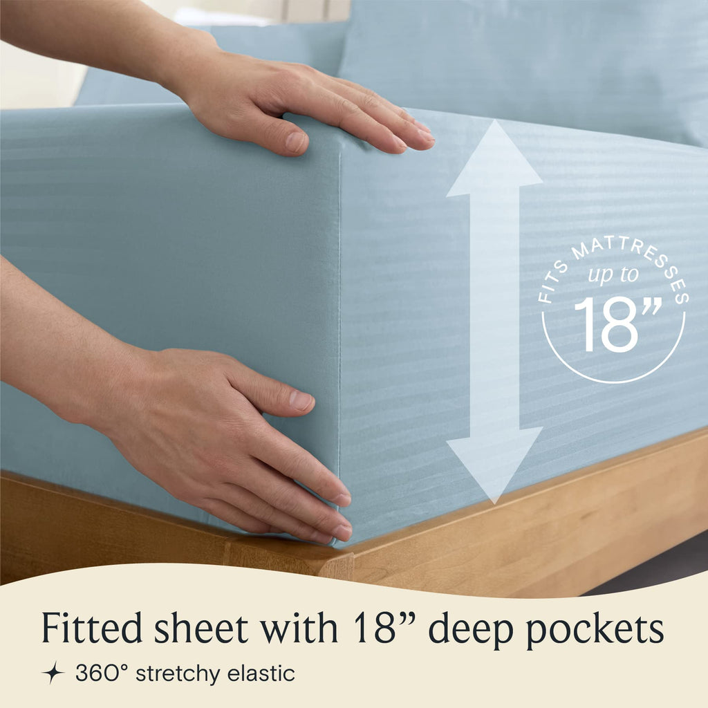 LUMQAR 6PC Queen Striped Sheet Set – 18" Deep Pocket Microfiber, Light Blue