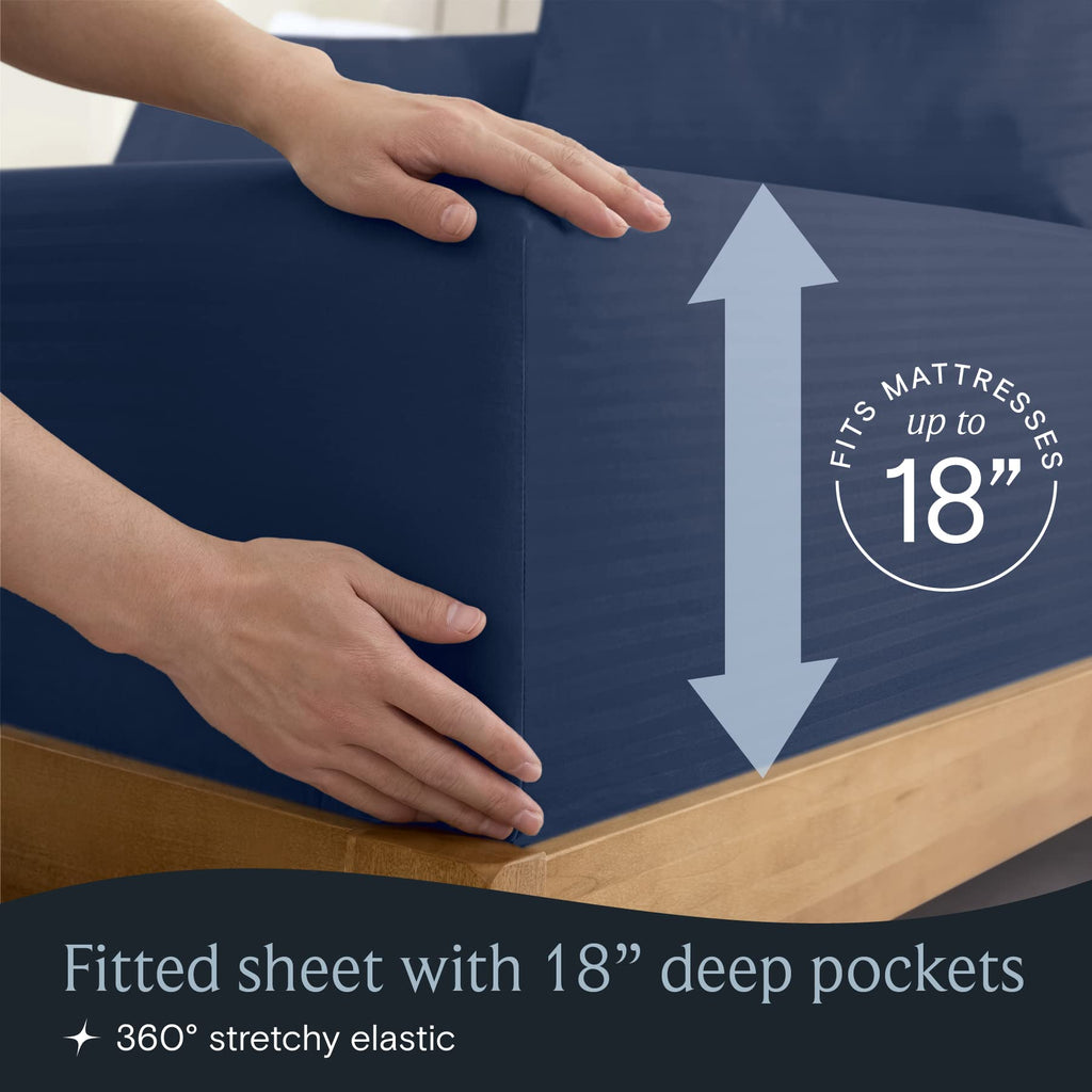 LUMQAR 6PC Queen Sheet Set – Striped Design, 18" Deep Pocket, Striped Navy