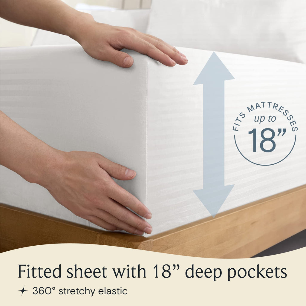 LUMQAR 6PC King Striped Sheet Set – 18" Deep Pocket Microfiber, White