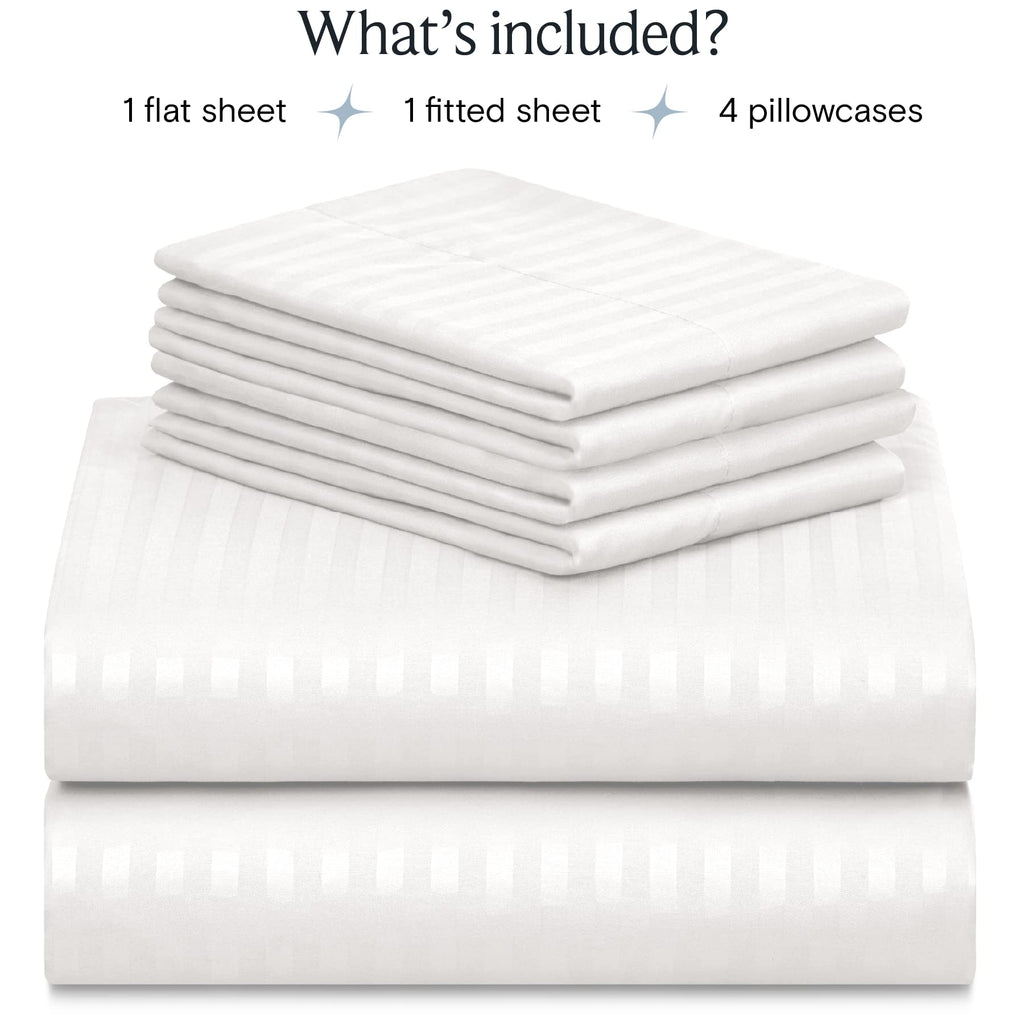 LUMQAR 6PC King Striped Sheet Set – 18" Deep Pocket Microfiber, White