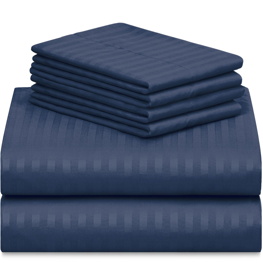 LUMQAR 6PC Queen Sheet Set – Striped Design, 18" Deep Pocket, Striped Navy