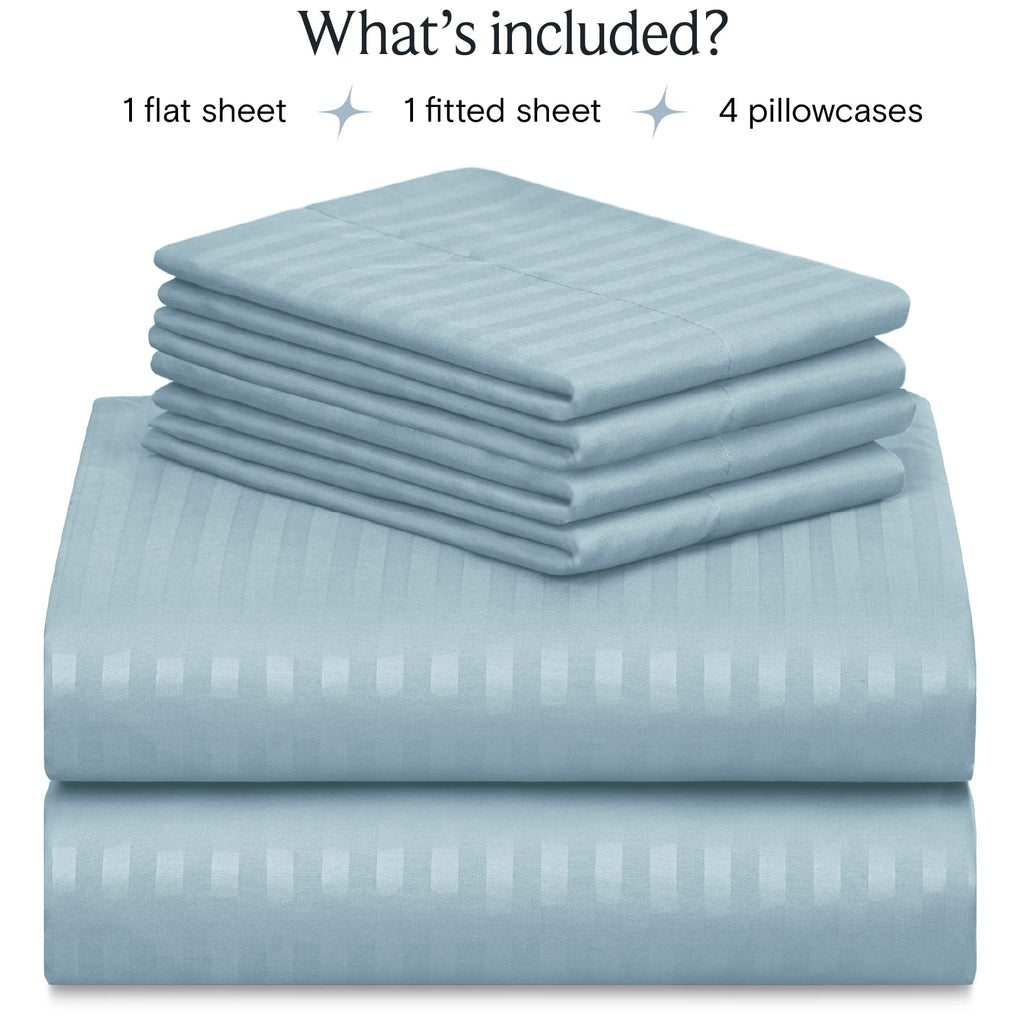 LUMQAR 6PC Queen Striped Sheet Set – 18" Deep Pocket Microfiber, Light Blue