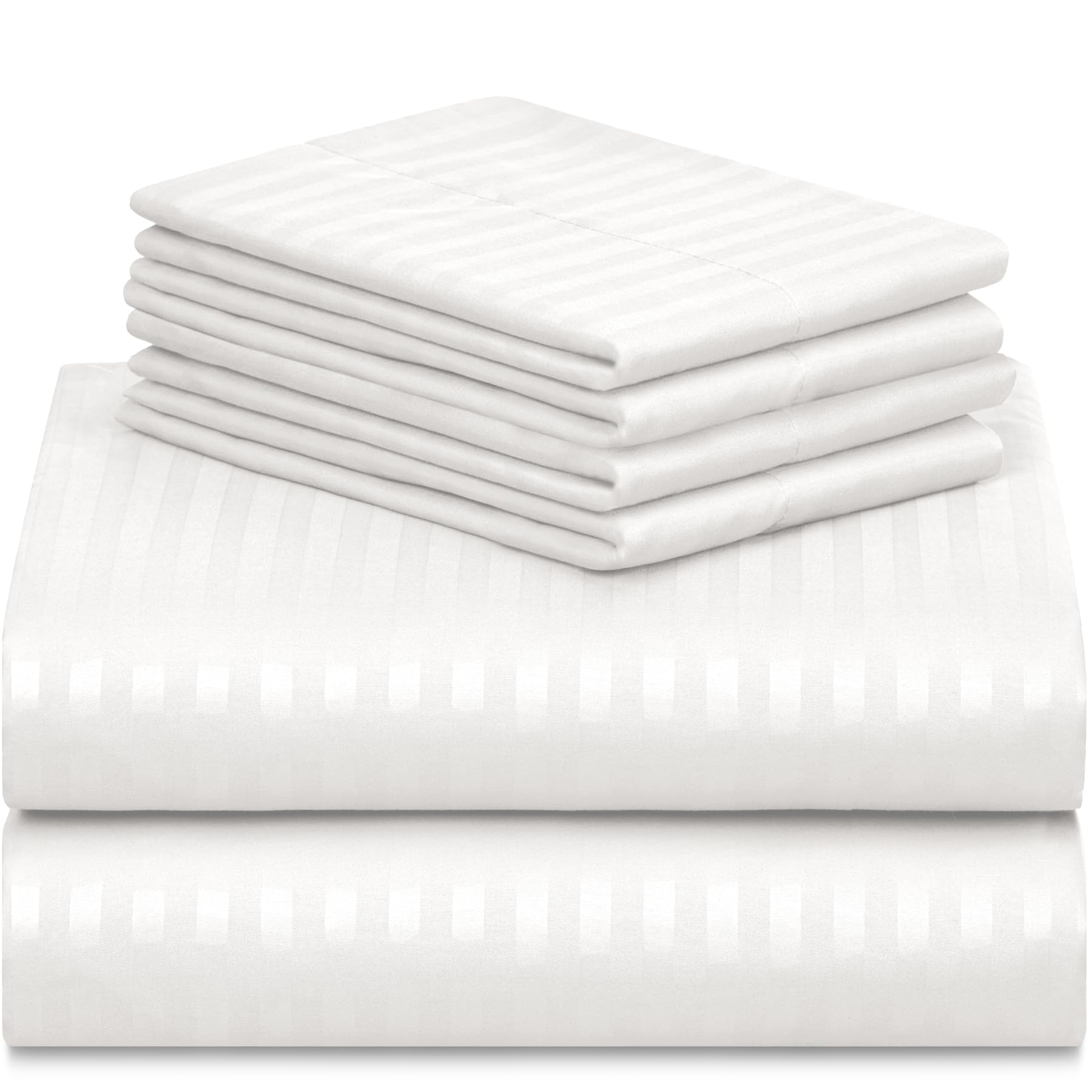 LUMQAR 6PC King Striped Sheet Set – 18" Deep Pocket Microfiber, White