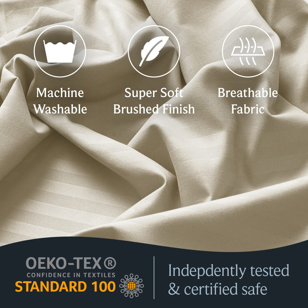 LUMQAR 6PC Queen Striped Sheet Set – 18" Deep Pocket Microfiber, Cream