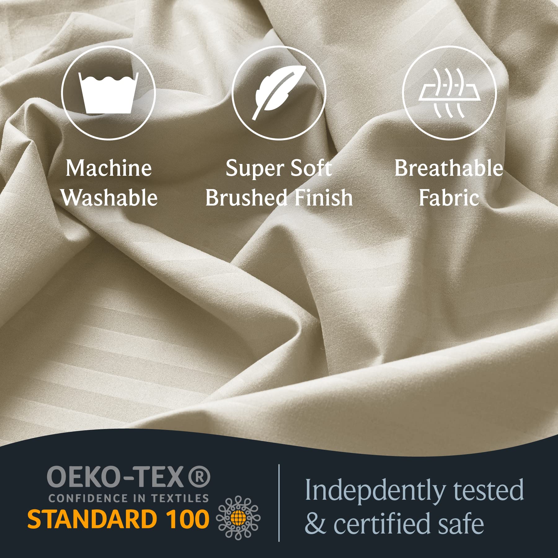 LUMQAR 6PC Queen Striped Sheet Set – 18" Deep Pocket Microfiber, Cream