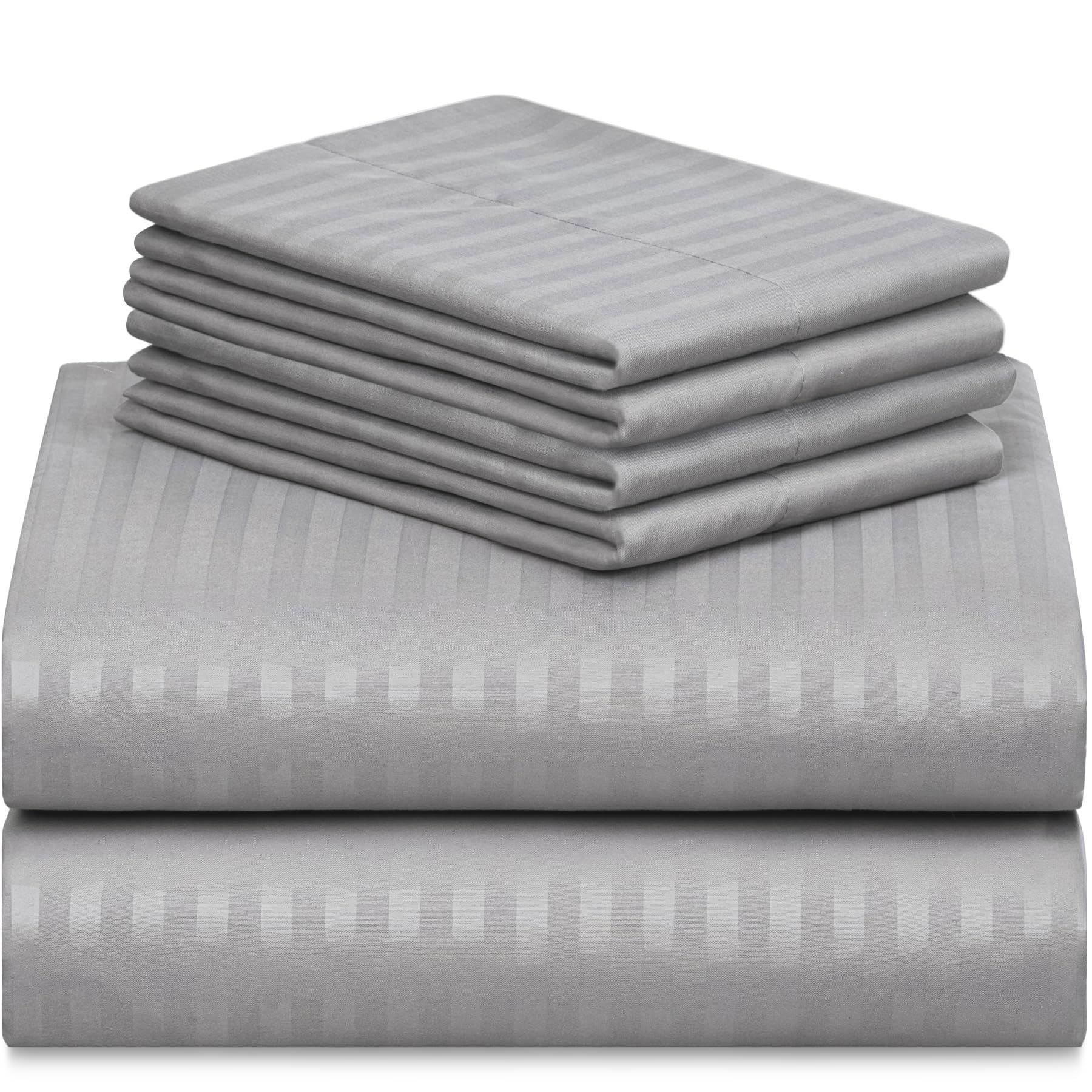 LUMQAR 6PC King Striped Sheet Set – 18" Deep Pocket Microfiber, Light Grey