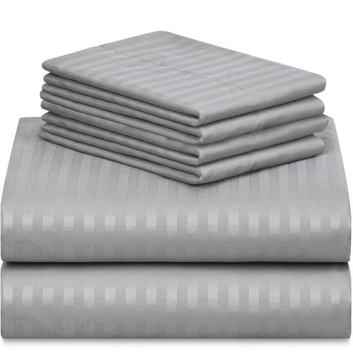 LUMQAR 6PC King Striped Sheet Set – 18" Deep Pocket Microfiber, Light Grey