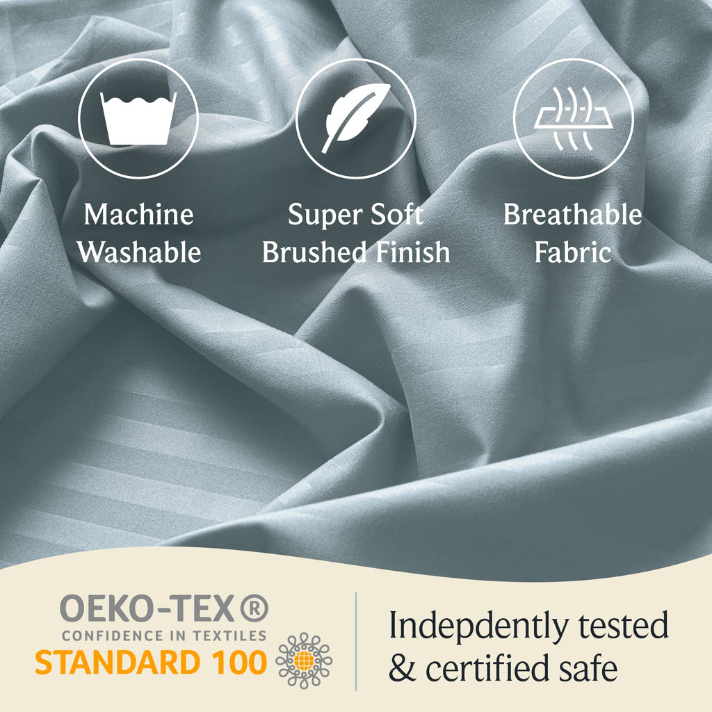 LUMQAR 6PC Queen Striped Sheet Set – 18" Deep Pocket Microfiber, Light Blue