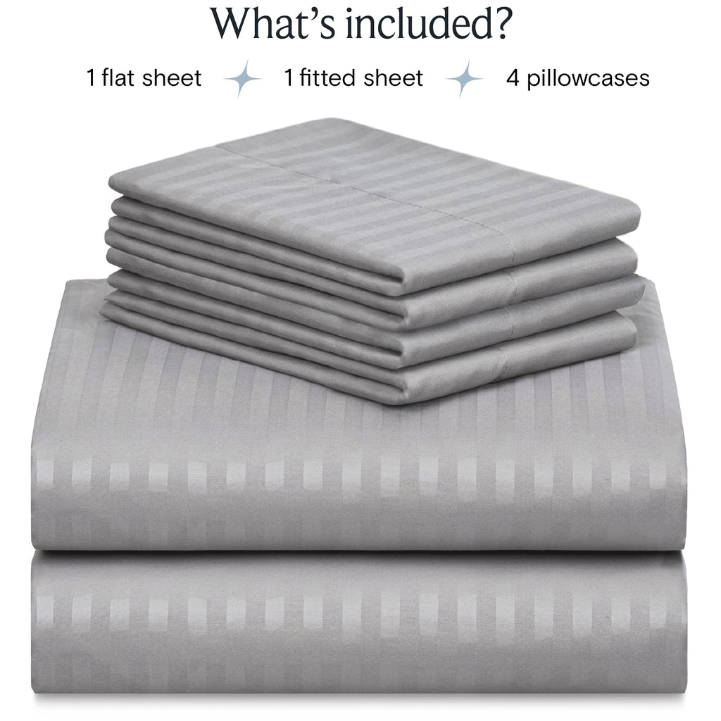 LUMQAR 6PC King Striped Sheet Set – 18" Deep Pocket Microfiber, Light Grey